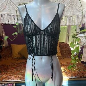 Vintage Goth grunge black sheer mesh striped lace cami camisole crop top